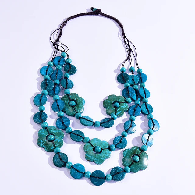 Bohemian Maxi Halskette für Frauen Party Schmuck Mehrschichtige Holzquaste Anhänger Statement Choker Blumenkette Kragen