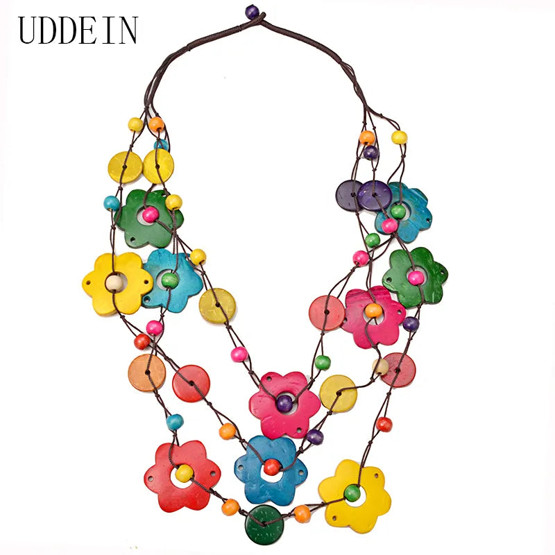 Bohemian Maxi Halskette für Frauen Party Schmuck Mehrschichtige Holzquaste Anhänger Statement Choker Blumenkette Kragen