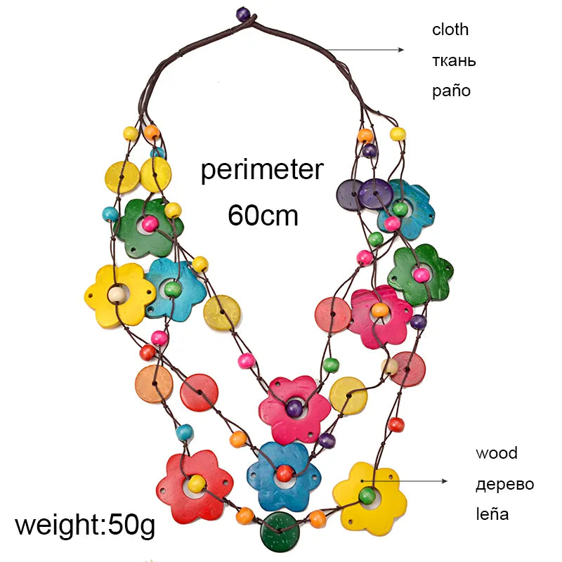 Bohemian Maxi Halskette für Frauen Party Schmuck Mehrschichtige Holzquaste Anhänger Statement Choker Blumenkette Kragen