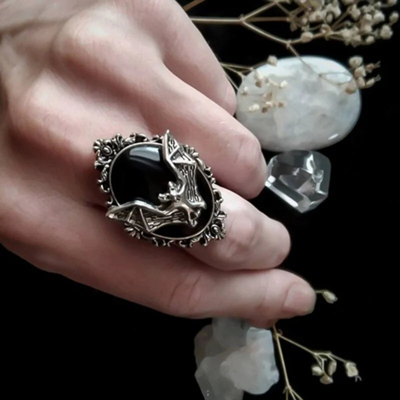 Verstellbarer Vampirring | Schwarzer gotischer Steinring | Vampirtagebuch-Schmuck