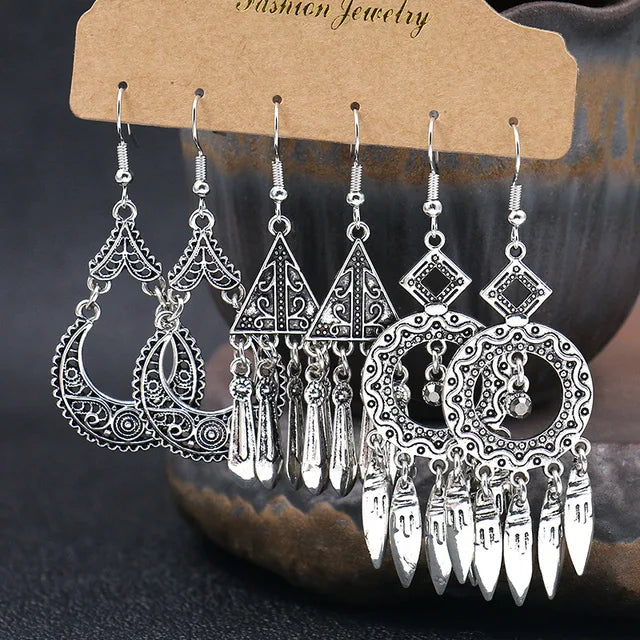 Bohemian Geometric Crystal Round Water Drop Dangle Earrings Set with Tassels for Women