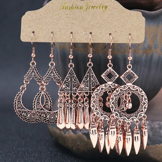 Bohemian Geometric Crystal Round Water Drop Dangle Earrings Set with Tassels for Women