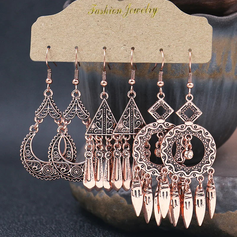 Bohemian Geometric Crystal Round Water Drop Dangle Earrings Set with Tassels for Women