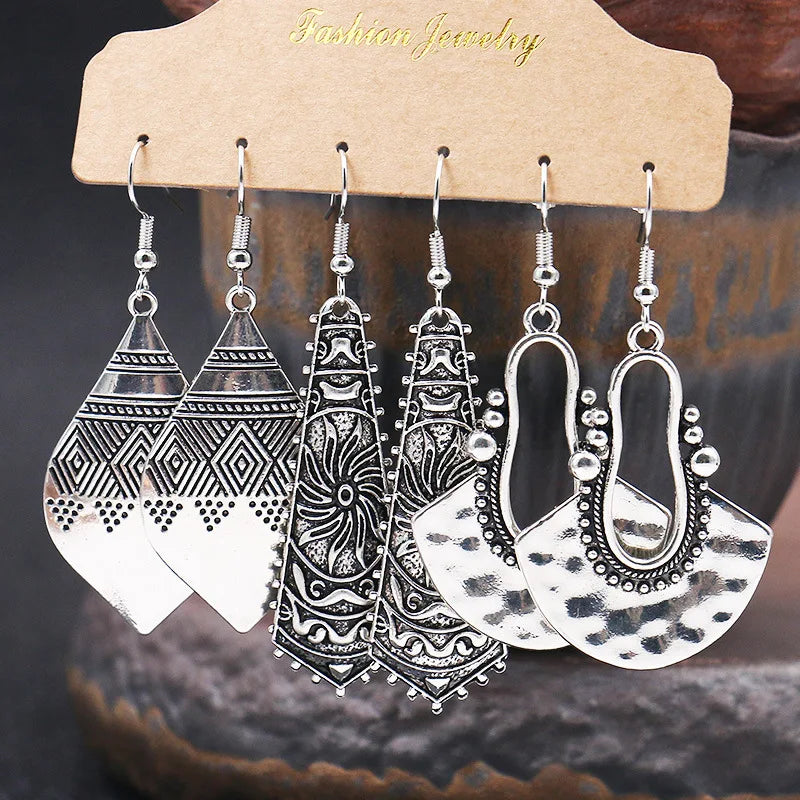 Bohemian Geometric Crystal Round Water Drop Dangle Earrings Set with Tassels for Women