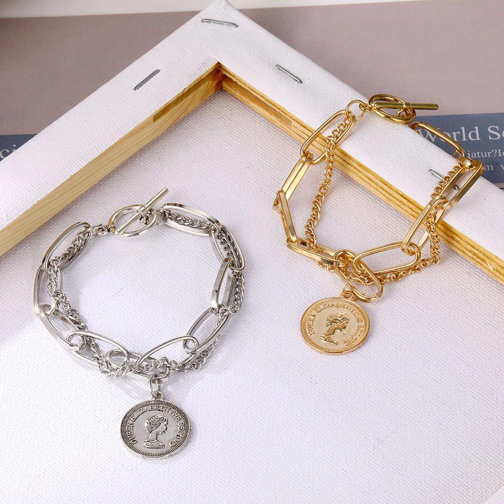 Vintage Geschichtete Dicke Kette Mit Münzkopf Charmarmband