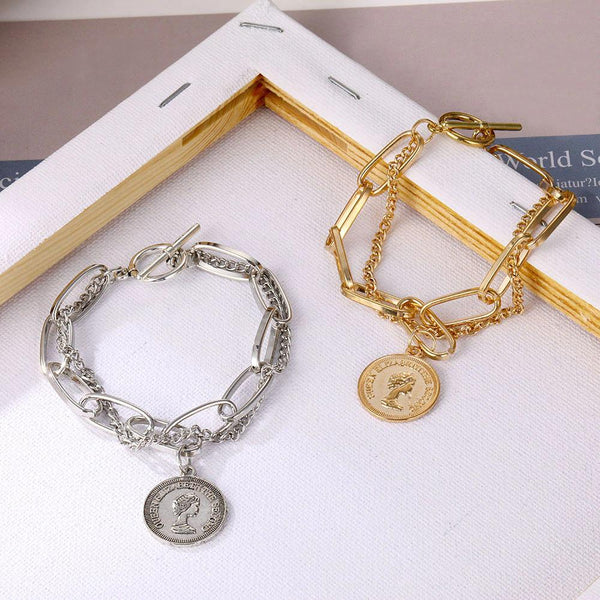 Vintage Geschichtete Dicke Kette Mit Münzkopf Charmarmband