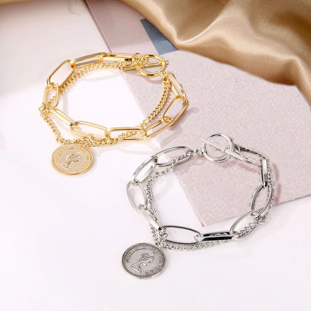 Vintage Geschichtete Dicke Kette Mit Münzkopf Charmarmband