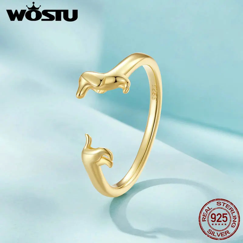 925 Sterling Silber süßer Dackel Hund verstellbare Ringe für Frauen - Original offener Tier Ring - Schmuckgeschenk für die Familie