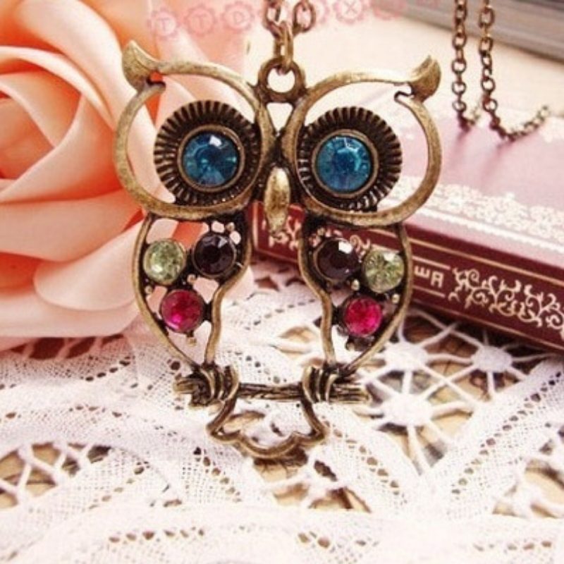 Weisheit Vintage Hollow Owl Strass Besetzt Halskette