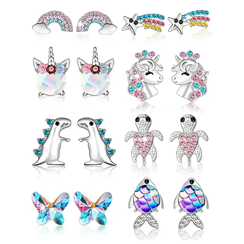 Niedliche Einhorn Regenbogen Ohrstecker für Mädchen Kinder Bunte Zirkon Tierohrstecker Modischer Silberschmuck Geschenke