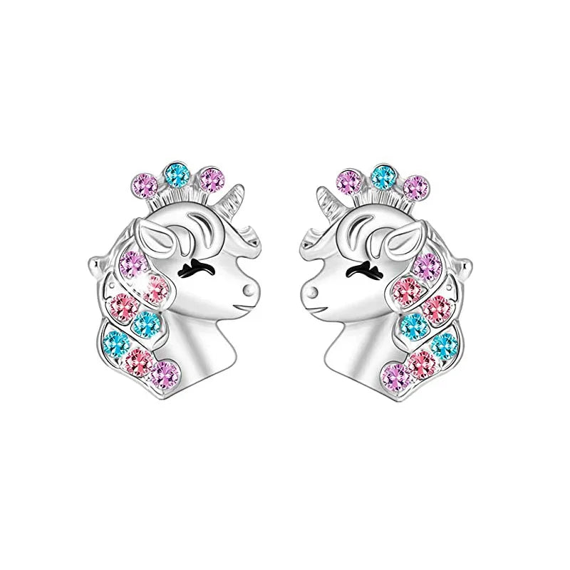 Niedliche Einhorn Regenbogen Ohrstecker für Mädchen Kinder Bunte Zirkon Tierohrstecker Modischer Silberschmuck Geschenke