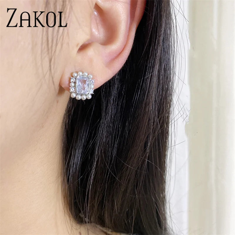 Perlen Zirkonia Ohrringe für Frauen | Koreanische Zirkonia Ohrringe für Frauen | Korea Zirkonia Ohrringe - Stecker Ohrringe