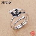 Schwarzer Blumenverstellbarer Ring aus 925er Sterlingsilber für Damen - Modischer Schmuck als Geschenk zur Hochzeit