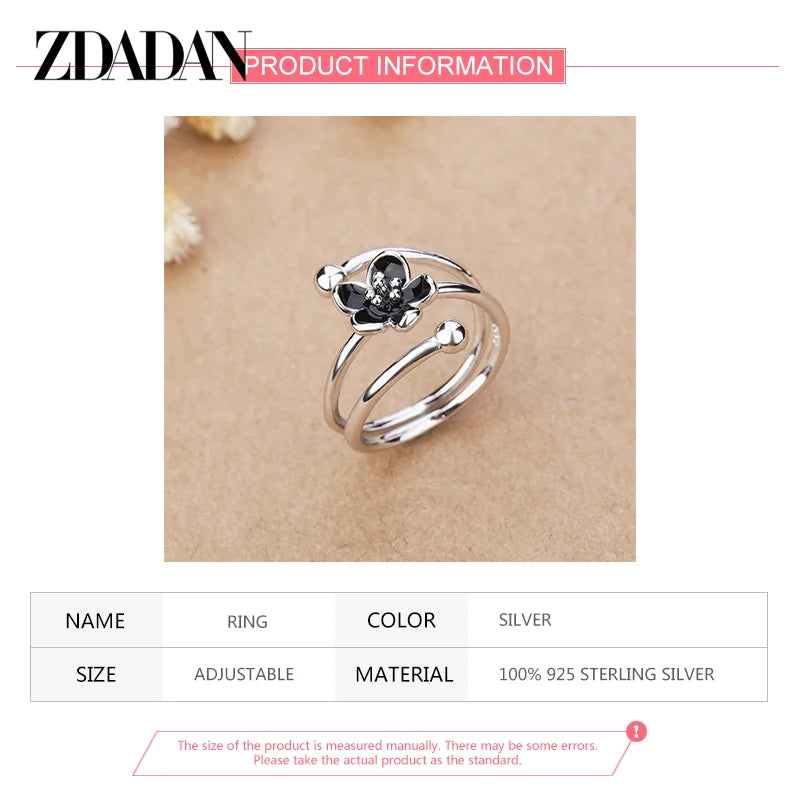 Schwarzer Blumenverstellbarer Ring aus 925er Sterlingsilber für Damen - Modischer Schmuck als Geschenk zur Hochzeit