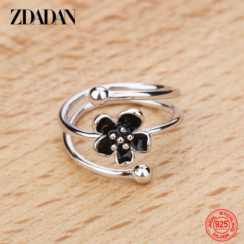 Schwarzer Blumenverstellbarer Ring aus 925er Sterlingsilber für Damen - Modischer Schmuck als Geschenk zur Hochzeit