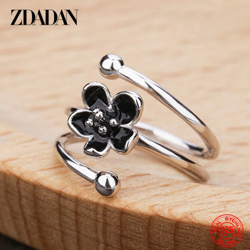 Schwarzer Blumenverstellbarer Ring aus 925er Sterlingsilber für Damen - Modischer Schmuck als Geschenk zur Hochzeit