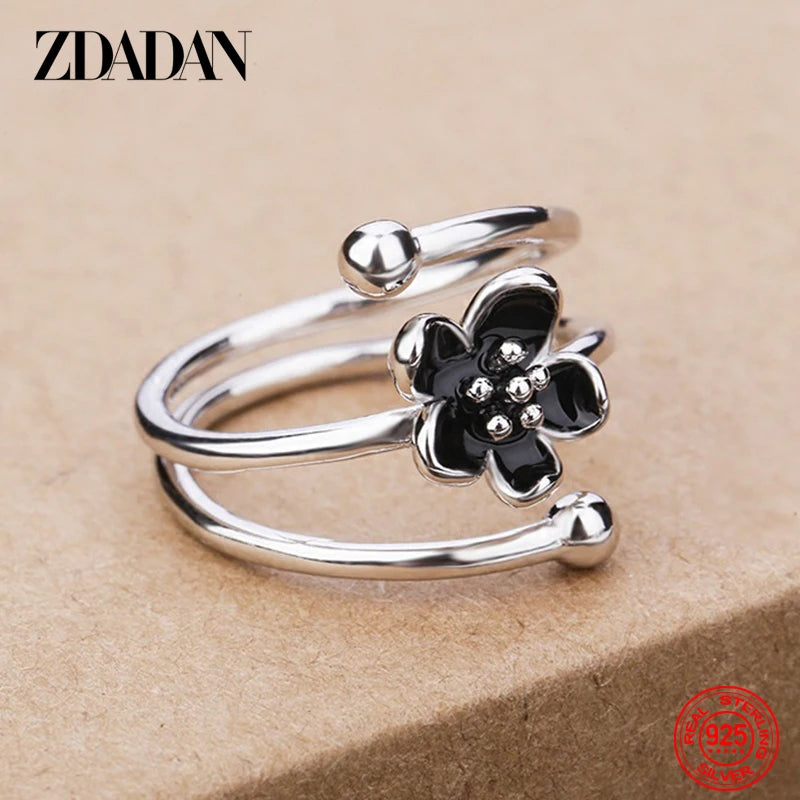 Schwarzer Blumenverstellbarer Ring aus 925er Sterlingsilber für Damen - Modischer Schmuck als Geschenk zur Hochzeit