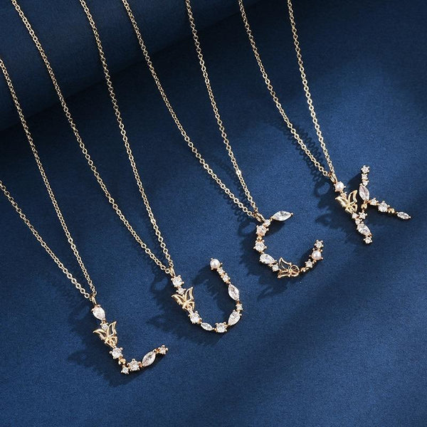 Zirkon Geschmiedet Perle Und Schmetterling Anfangsbuchstaben Anhänger Halskette