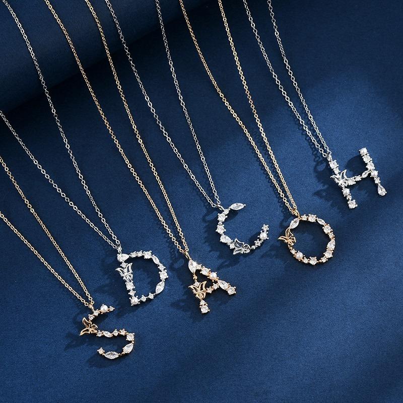 Zirkon Geschmiedet Perle Und Schmetterling Anfangsbuchstaben Anhänger Halskette