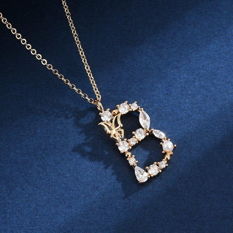 Zirkon Geschmiedet Perle Und Schmetterling Anfangsbuchstaben Anhänger Halskette