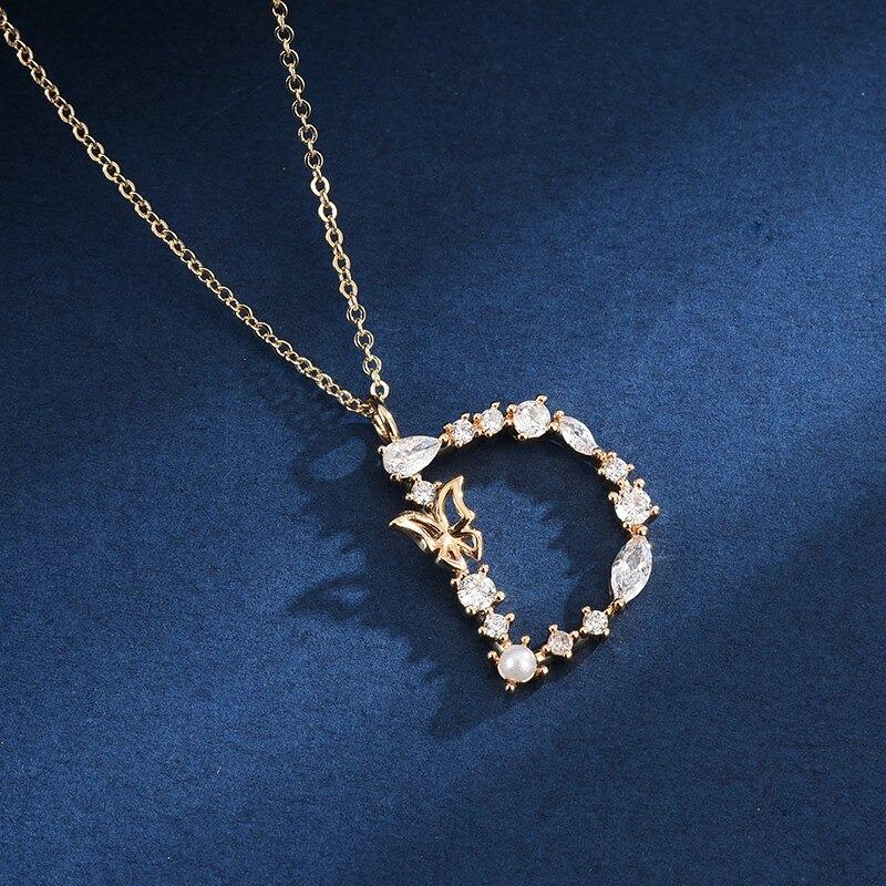 Zirkon Geschmiedet Perle Und Schmetterling Anfangsbuchstaben Anhänger Halskette