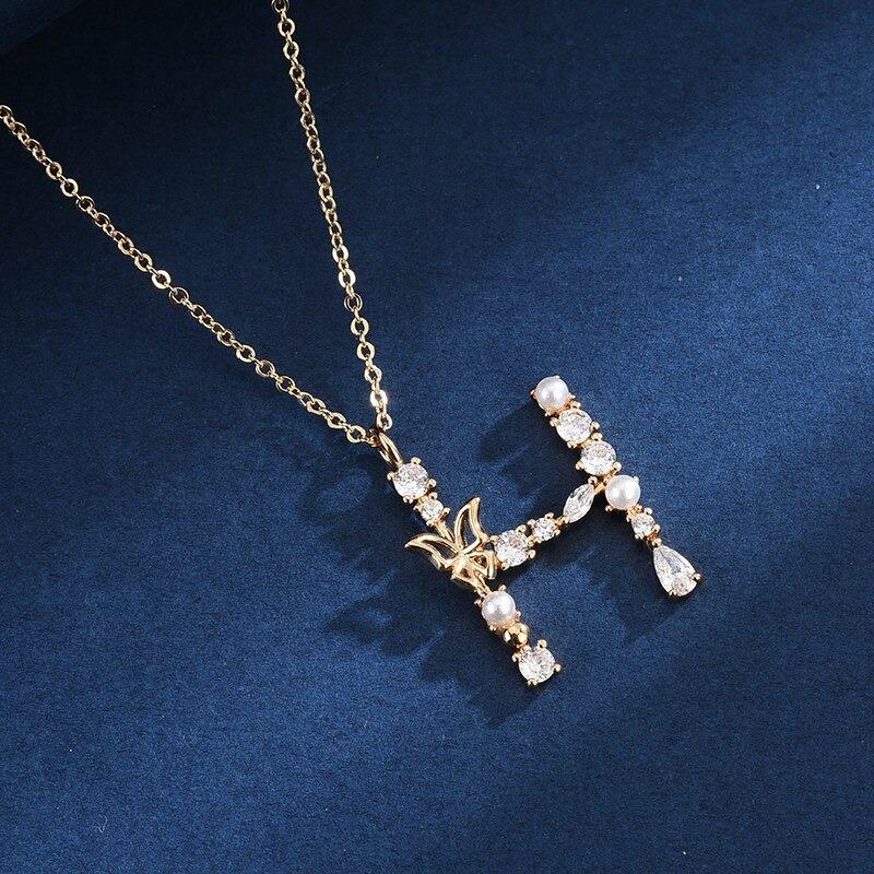 Zirkon Geschmiedet Perle Und Schmetterling Anfangsbuchstaben Anhänger Halskette