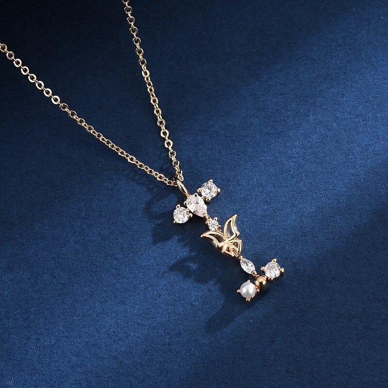 Zirkon Geschmiedet Perle Und Schmetterling Anfangsbuchstaben Anhänger Halskette