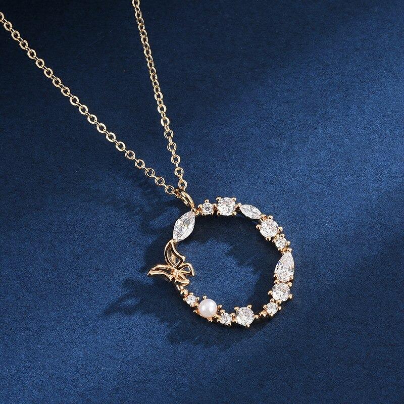 Zirkon Geschmiedet Perle Und Schmetterling Anfangsbuchstaben Anhänger Halskette