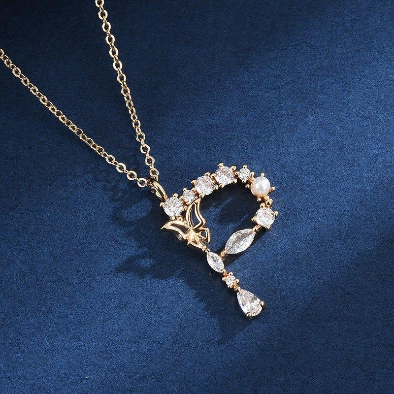 Zirkon Geschmiedet Perle Und Schmetterling Anfangsbuchstaben Anhänger Halskette