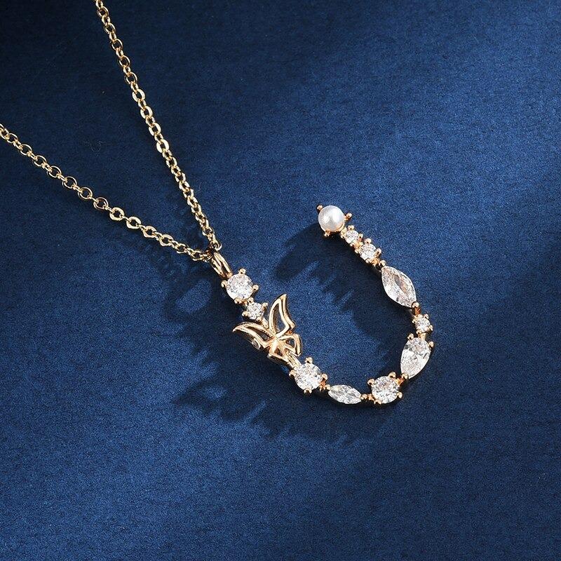 Zirkon Geschmiedet Perle Und Schmetterling Anfangsbuchstaben Anhänger Halskette