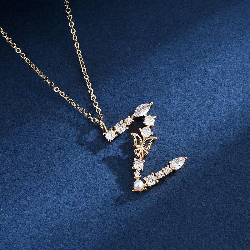 Zirkon Geschmiedet Perle Und Schmetterling Anfangsbuchstaben Anhänger Halskette