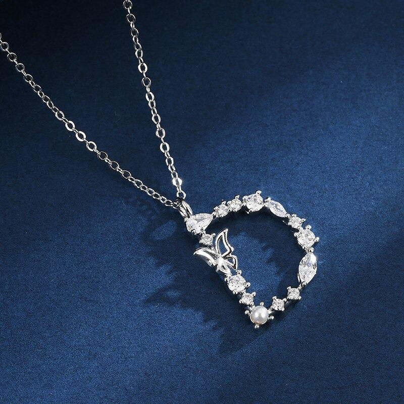 Zirkon Geschmiedet Perle Und Schmetterling Anfangsbuchstaben Anhänger Halskette