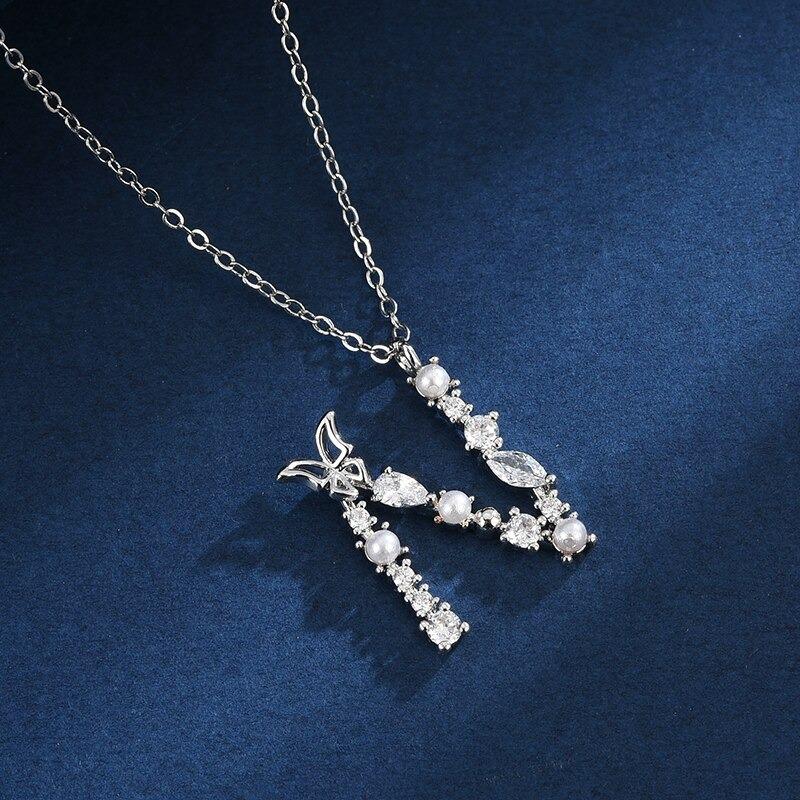 Zirkon Geschmiedet Perle Und Schmetterling Anfangsbuchstaben Anhänger Halskette