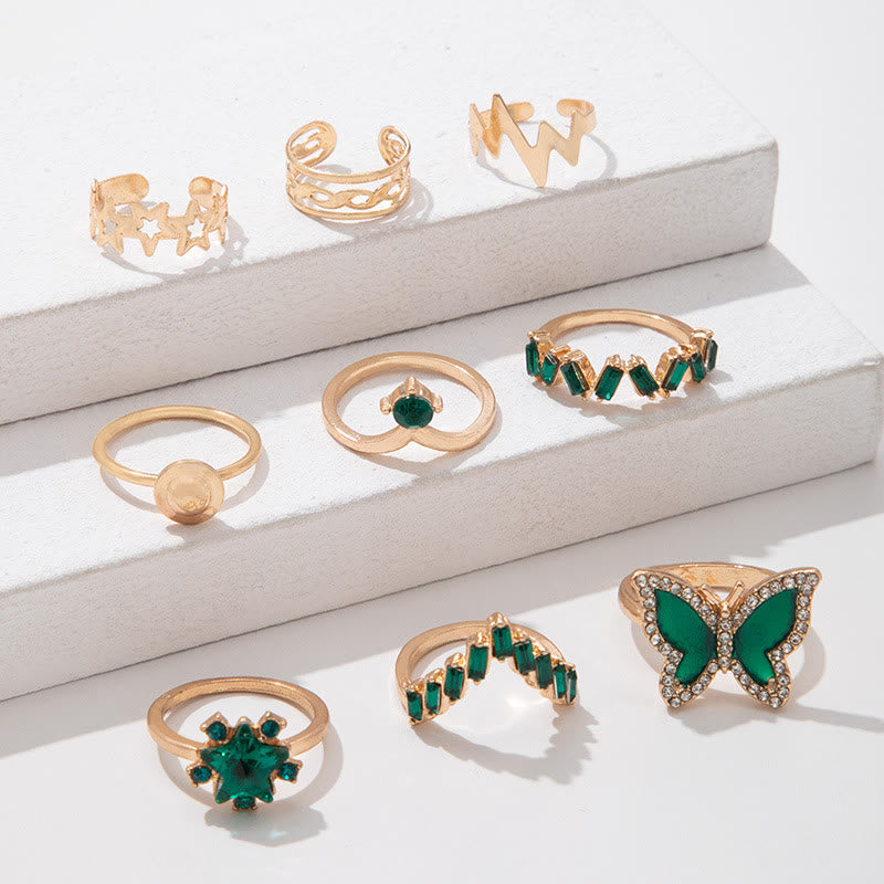 9 Stücke Schmetterling Strass Ring -Set