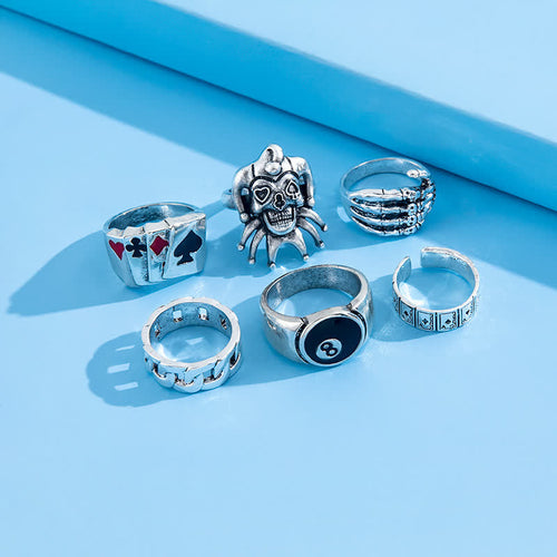 6Pcs Punk -Schädelklauen -Poker -Joker -Ring -Set