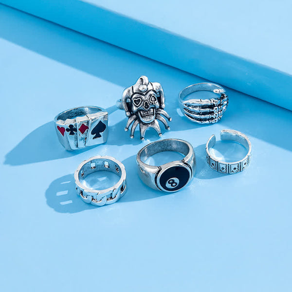6Pcs Punk -Schädelklauen -Poker -Joker -Ring -Set