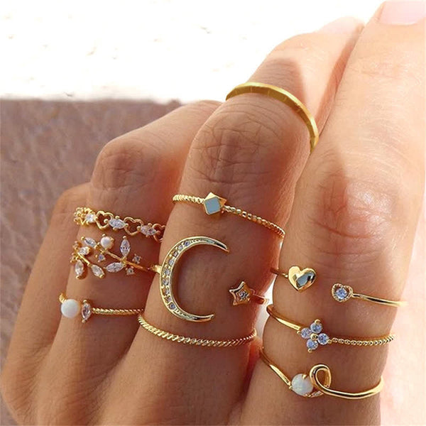 10Pcs Frauen Bohemian Geometrischer Ring -Set