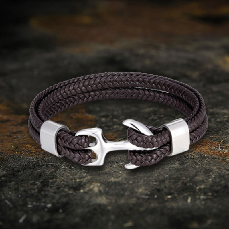 Armband aus geflochtenem Leder und Edelstahl mit Ankerschnalle