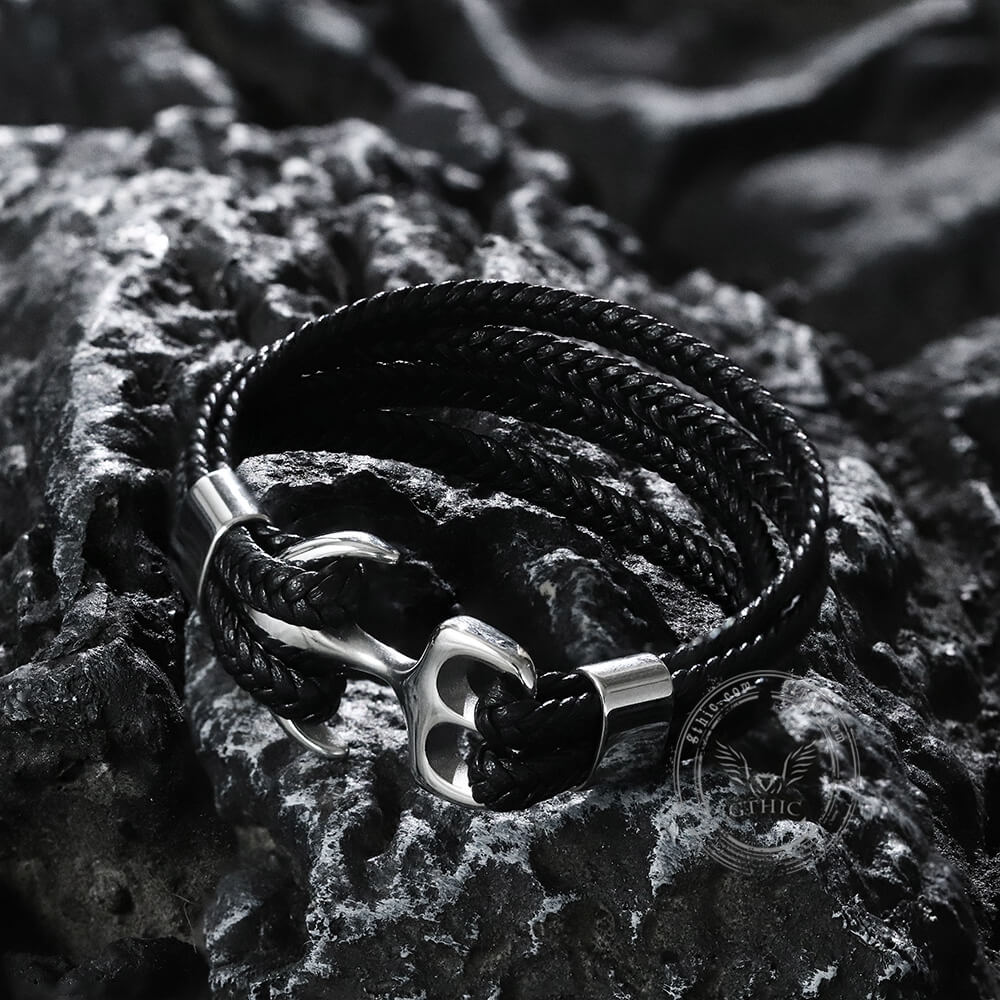 Armband aus geflochtenem Leder und Edelstahl mit Ankerschnalle
