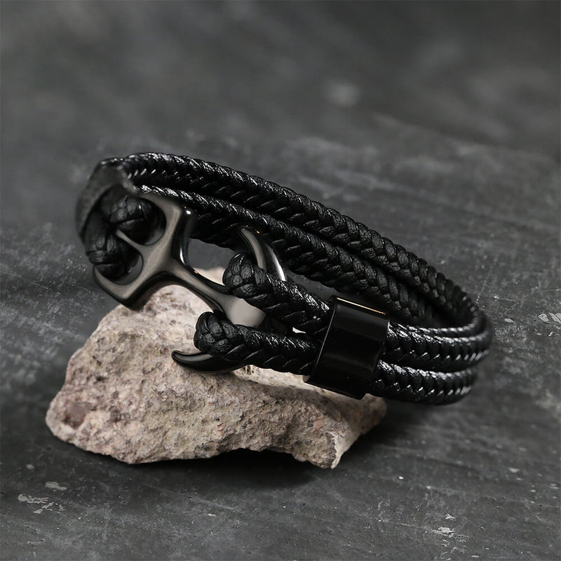 Armband aus geflochtenem Leder und Edelstahl mit Ankerschnalle