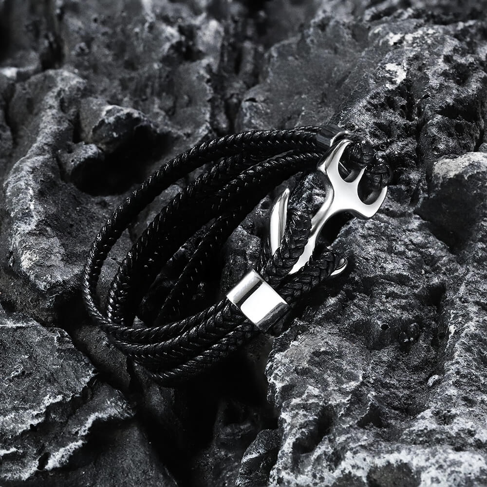 Armband aus geflochtenem Leder und Edelstahl mit Ankerschnalle