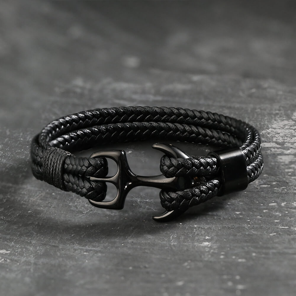 Armband aus geflochtenem Leder und Edelstahl mit Ankerschnalle