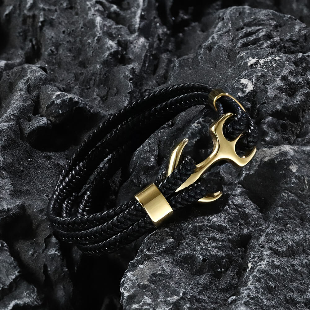 Armband aus geflochtenem Leder und Edelstahl mit Ankerschnalle