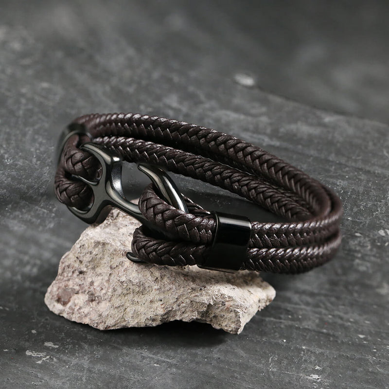 Armband aus geflochtenem Leder und Edelstahl mit Ankerschnalle