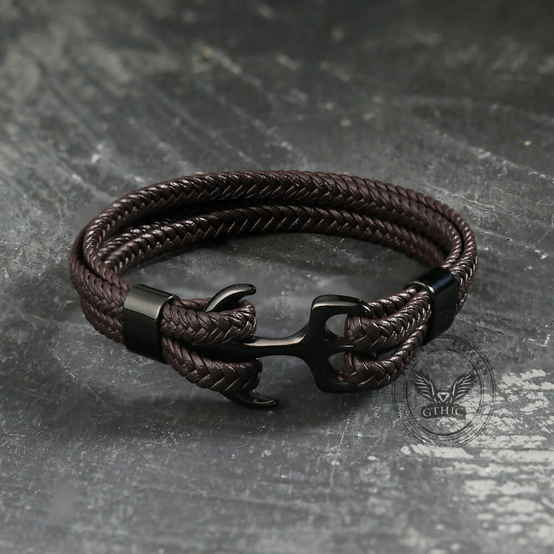 Armband aus geflochtenem Leder und Edelstahl mit Ankerschnalle