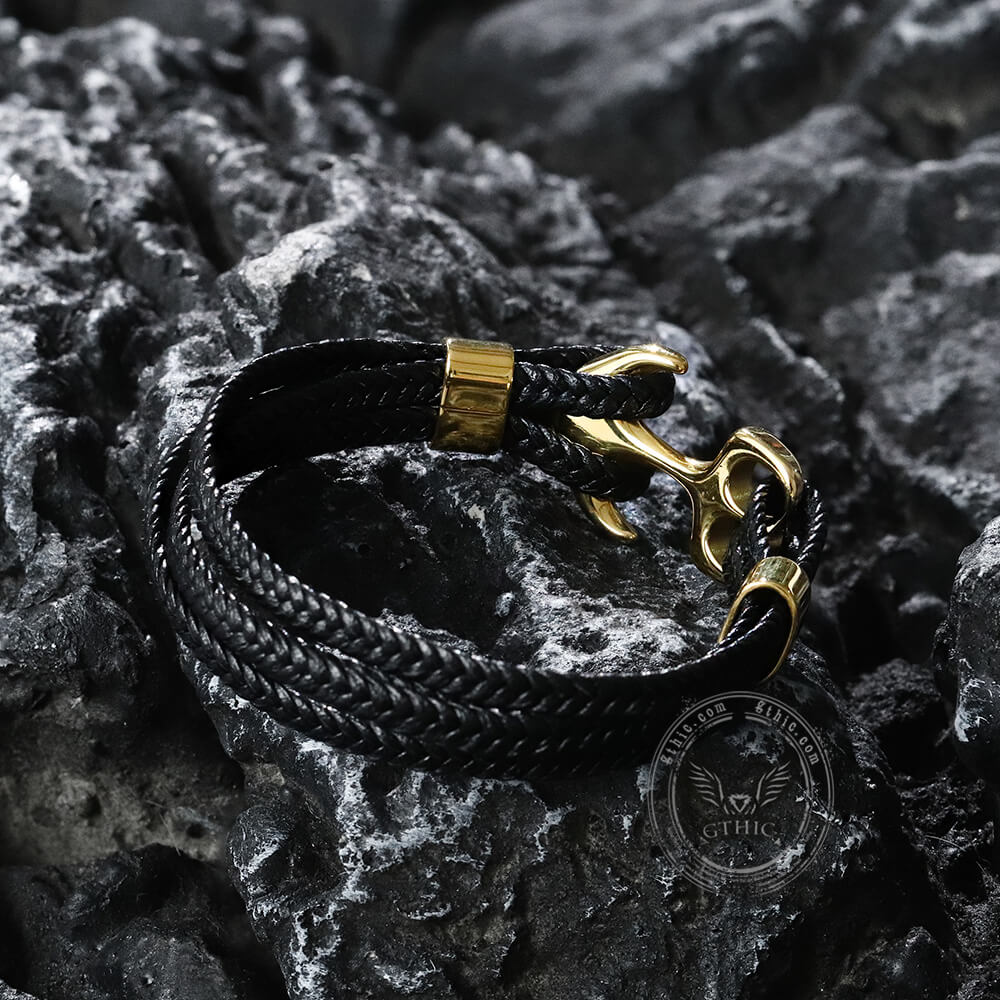 Armband aus geflochtenem Leder und Edelstahl mit Ankerschnalle