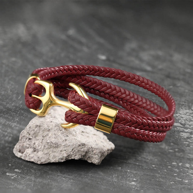 Armband aus geflochtenem Leder und Edelstahl mit Ankerschnalle