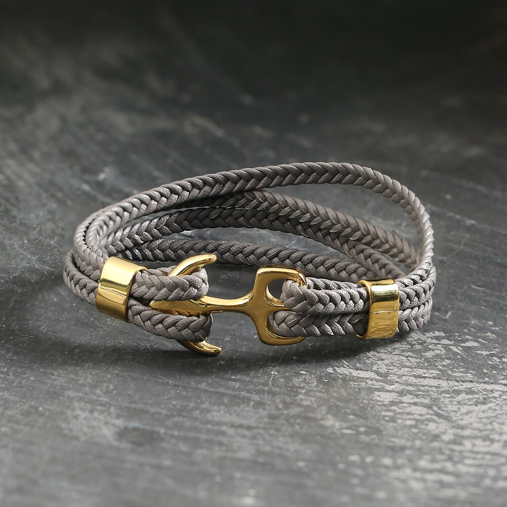 Armband aus geflochtenem Leder und Edelstahl mit Ankerschnalle