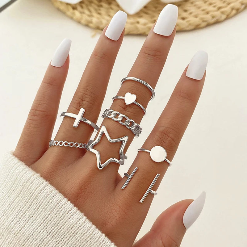 Mode Silber Farbe Metall Ringe Set Herz Schmetterling Blätter Blume Kristall Trendy Finger Ring für Frauen Schmuck Geschenke
