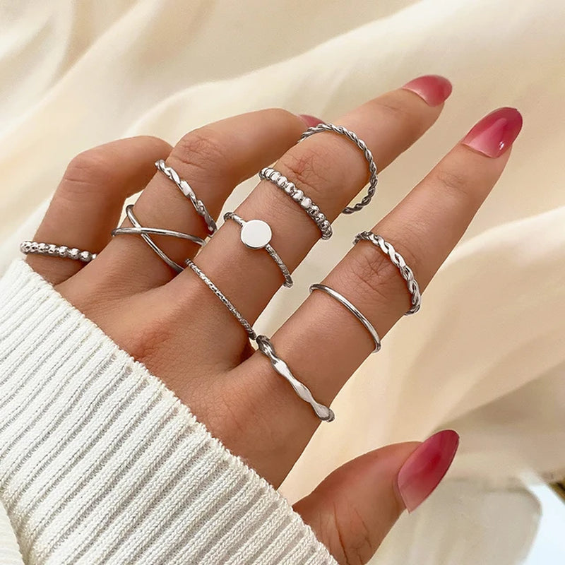 Mode Silber Farbe Metall Ringe Set Herz Schmetterling Blätter Blume Kristall Trendy Finger Ring für Frauen Schmuck Geschenke